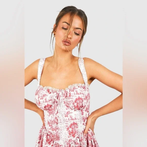 NWT BOOHOO Porcelain Toile Print Strappy Milkmaid Mini Dress 4 - Picture 2 of 10
